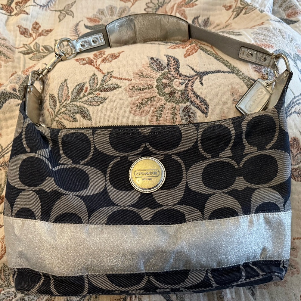 Coach Carly Denim Blue and Silver Signature Shoulder Bag